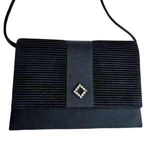 Vintage La Regale Black Pleated Satin Clutch Crossbody w/ Rhinestone Accent NWOT